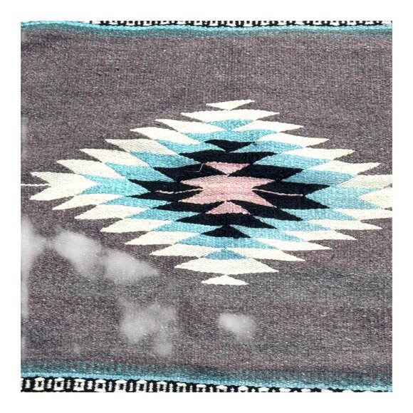 Handwoven Southwestern Aztec Tribal Wool Rug Gray Table Runner Blue Grey Fringe - Picture 3 of 5